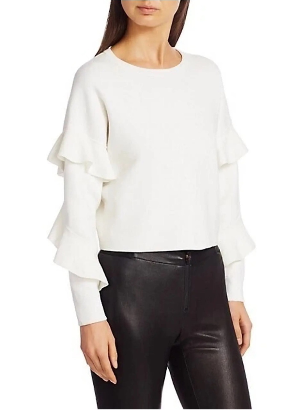 Alice + Olivia Nettie Sweater Black Ruffle Sleeve Crewneck Top, Medium